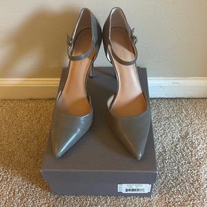 Halston Heritage gunmetal gray “Christina” leather pumps with ankle strap